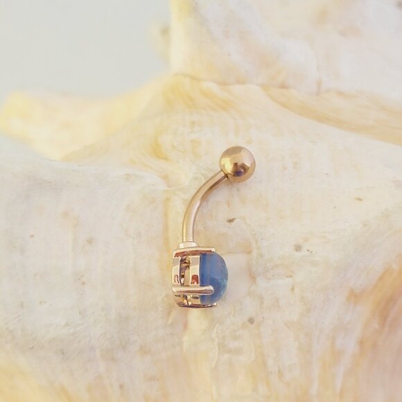Synthetic Blue Opal Glitter Rose Gold Steel Navel Ring Belly Button 14G Jewelry - Picture 3 of 6